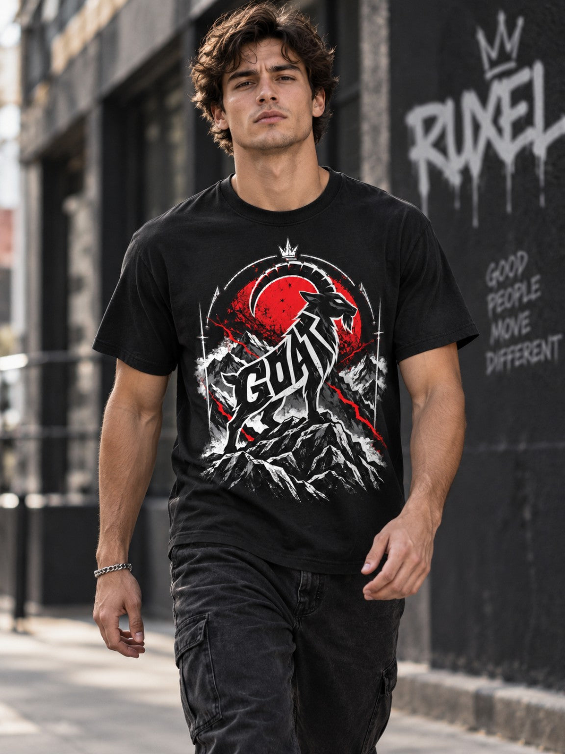 Male model walking in the Peak Instinct GOAT mountain heavyweight graphic tee