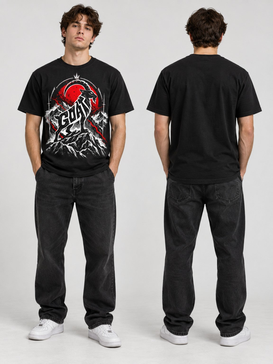 Front and back fit view of the Peak Instinct heavyweight tee in Signal Black