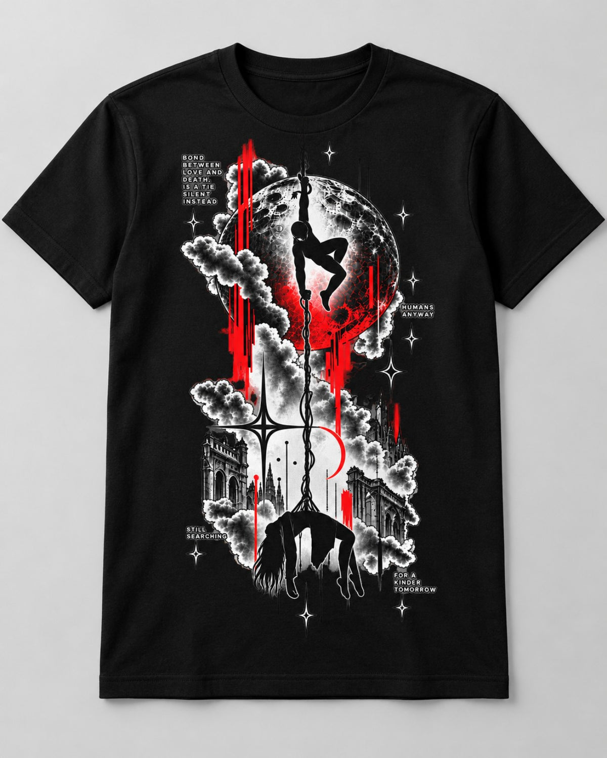 Tethered Souls heavyweight tee in Eclipse Black with gothic moon graphic, flat front view