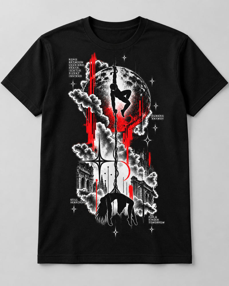 Tethered Souls heavyweight tee in Eclipse Black with gothic moon graphic, flat front view
