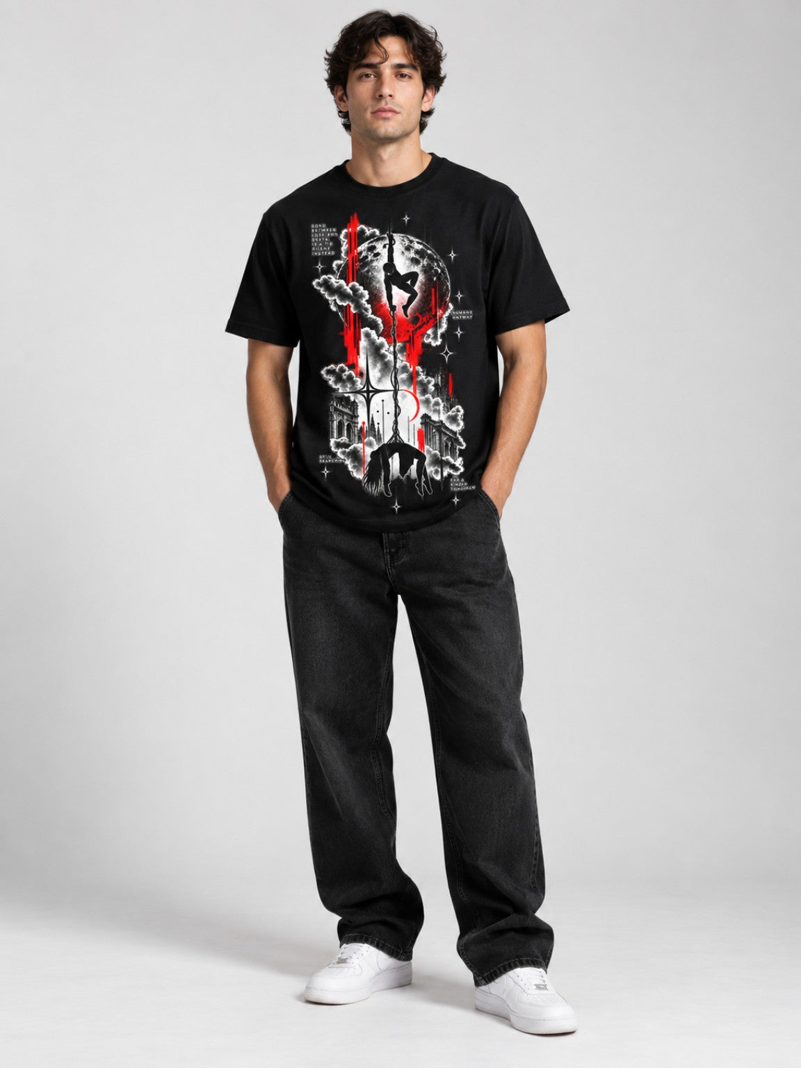Male model wearing the Tethered Souls Eclipse Black heavyweight tee, front studio view