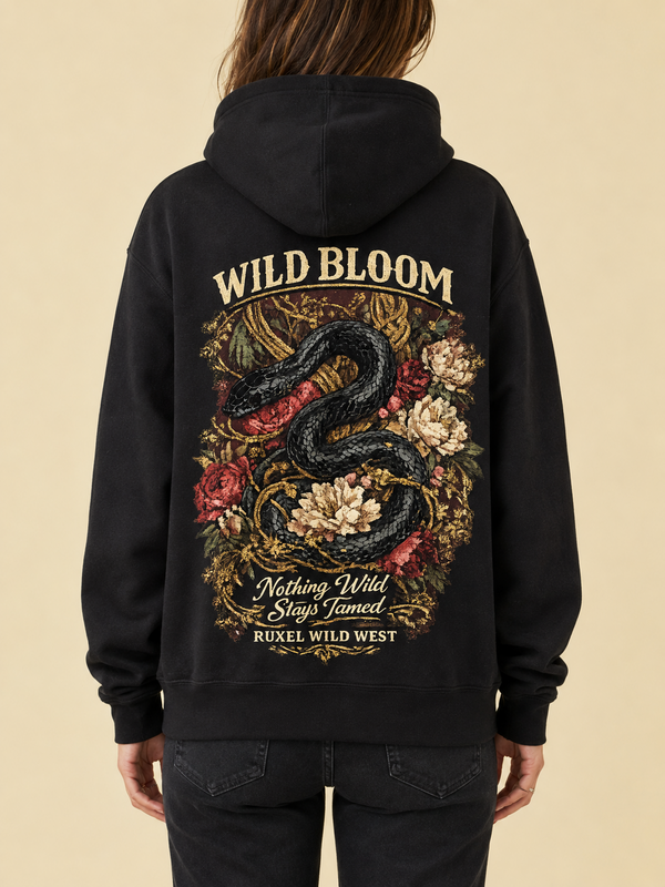 Back view of Wild Bloom snake and floral heavyweight hoodie in Void Black