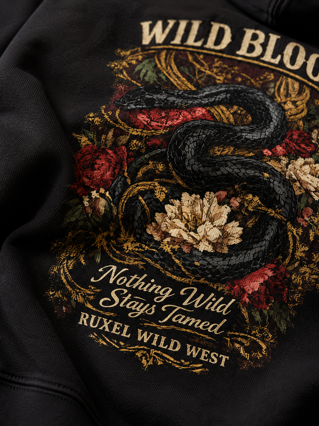 Close-up of Wild Bloom snake and floral back print on heavyweight black fleece