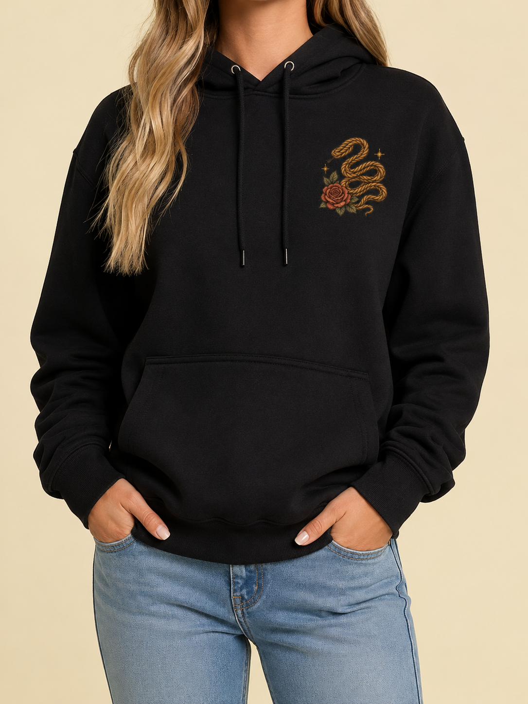 Front view of Wild Bloom heavyweight hoodie with rope and rose chest graphic in Void Black