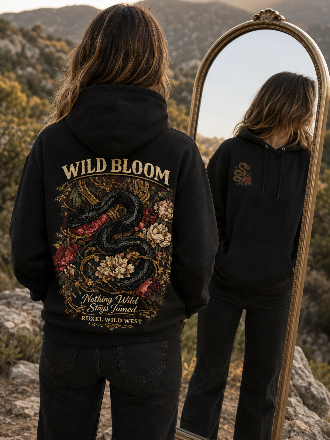 Wild Bloom front and back graphic hoodie shown outdoors with antique mirror