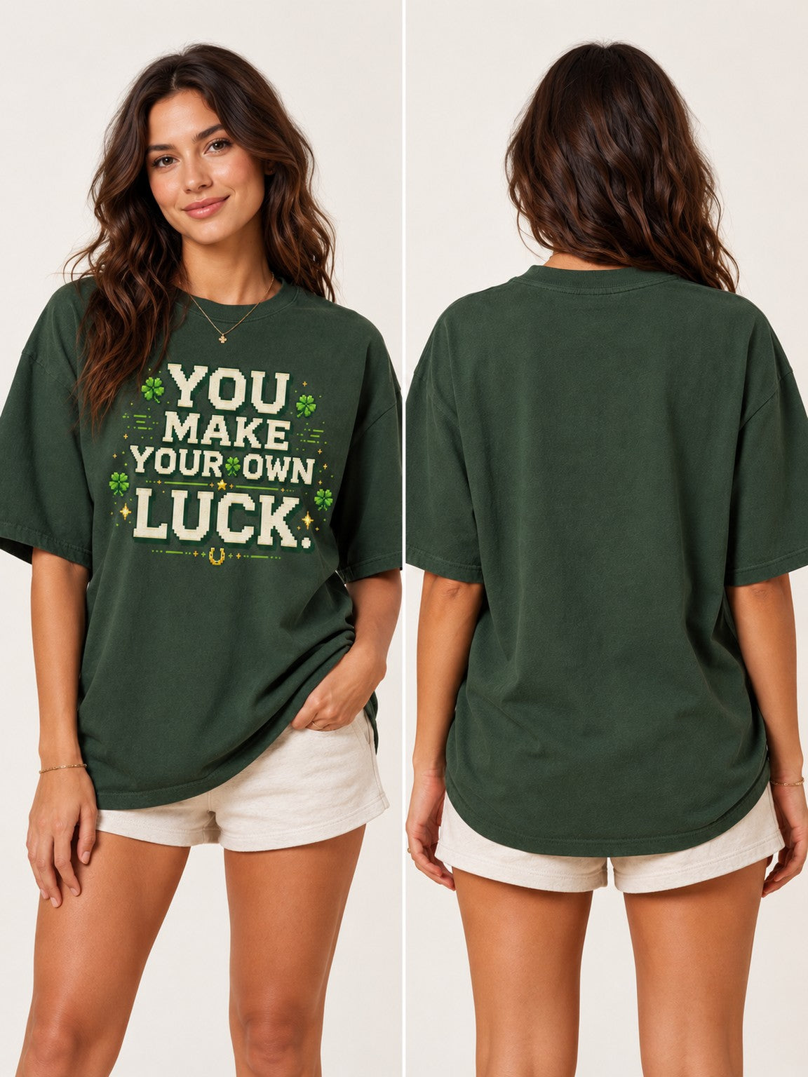 Front and back views of a woman wearing the Ruxel You Make Your Own Luck Clover Green heavyweight graphic tee